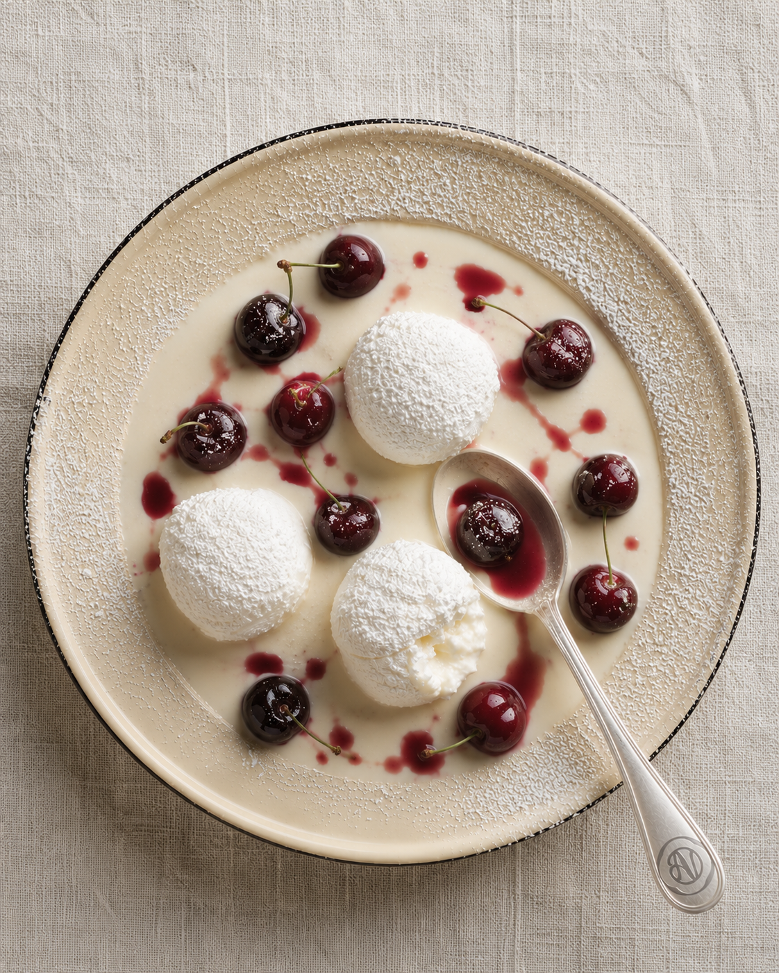 Floating Islands with Vanilla Crème Anglaise & Cherry calm (beauty)