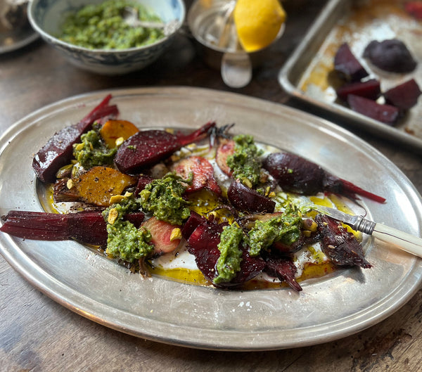 Nateur Cooking with Romilly Dauphin Newman: Beets with Charred Scallion + Pistachio Pesto + Labneh